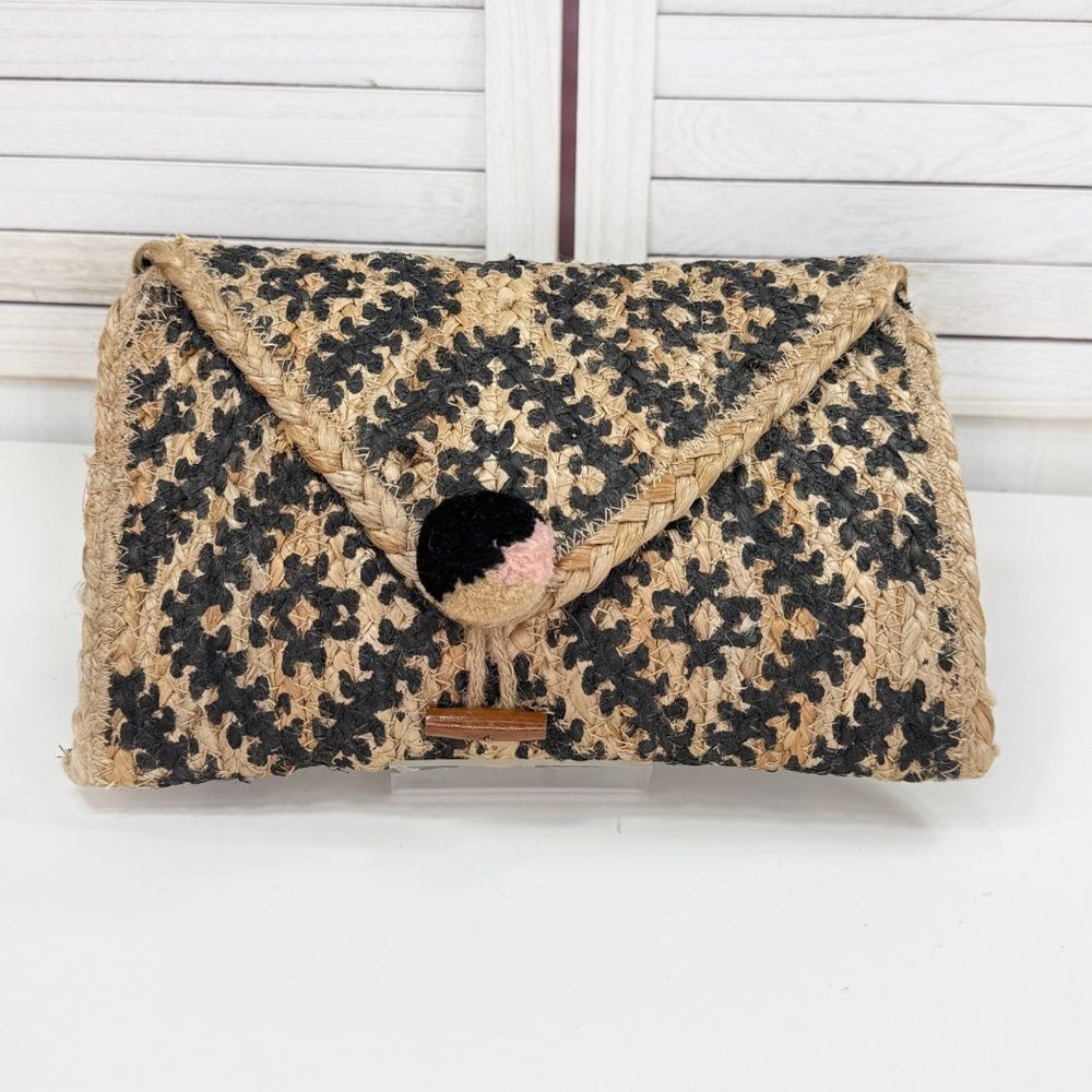 America & Beyond Printed Woven Jute Boho Envelope Clutch Bag Tan Black